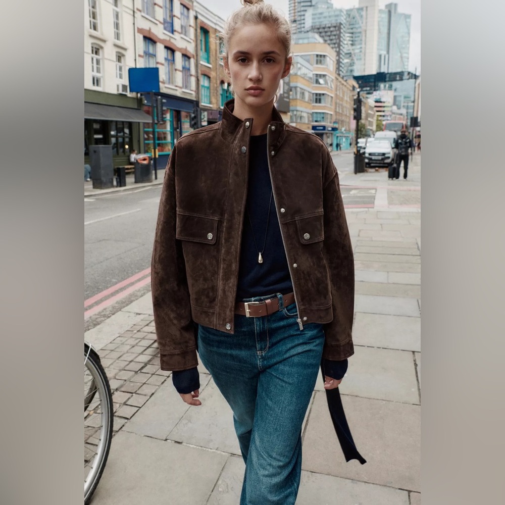Zara Brown Real natural Suede bomber Jacket size S - Picture 10 of 11
